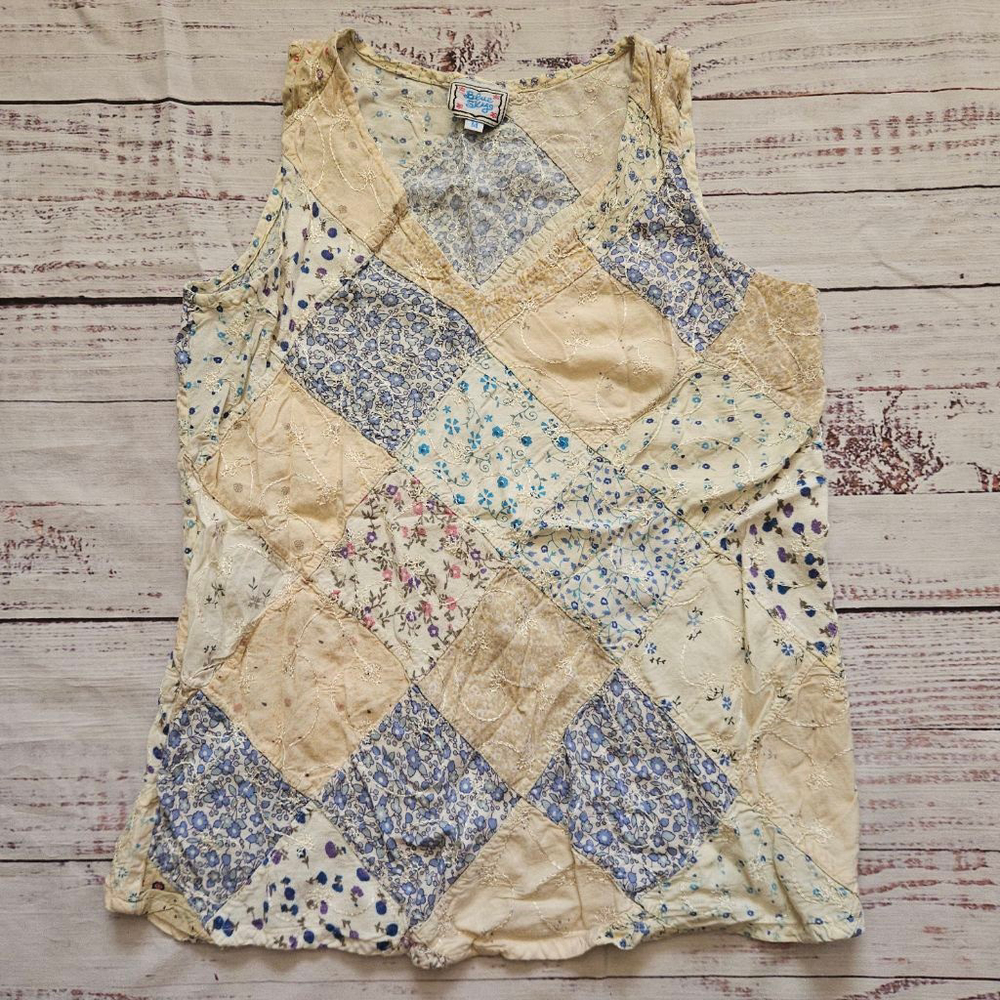 Y2K Blue Sky Patchwork Floral Sleeveless Top Womens Medium Cottagecore
